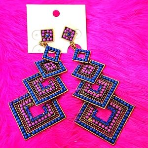 NWT BLUE PURPLE 3‎ STACK CHANDELIER PIERCED EARRINGS